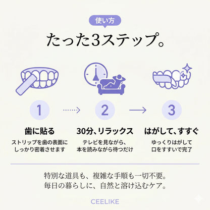 CEELIKE ホワイトニングシート｜過酸化物不使用。歯科医院級の白さを、 自宅で・やさしく・30分で。
